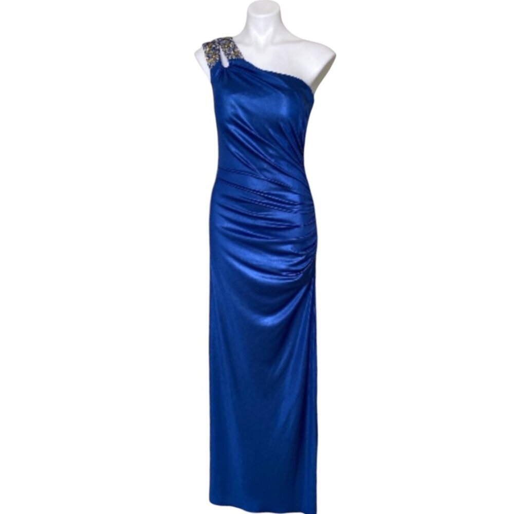 Cachet Women's NWT One-Shoulder Beaded Formal Maxi Dress, Blue Size 10